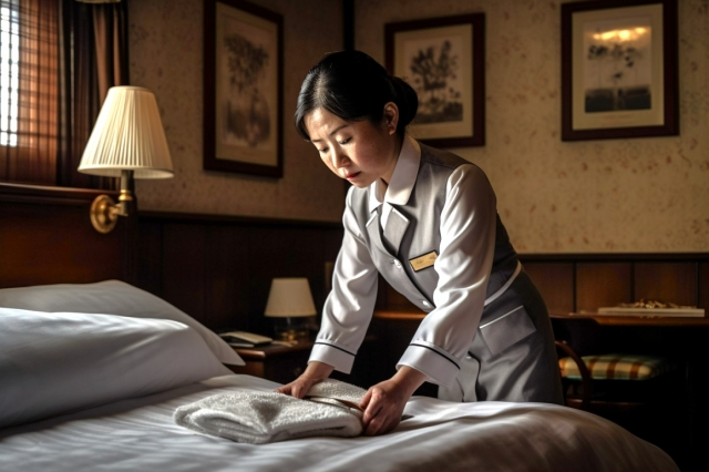 ホテルの清掃をしている女性の画像です。